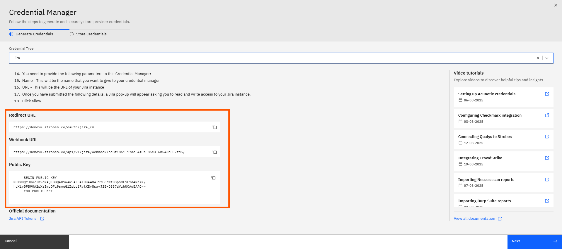 Configuring the Jira integration (OAuth 1.0): Step 3 — Copy the Public Key and the Redirect URL (screenshot 3)