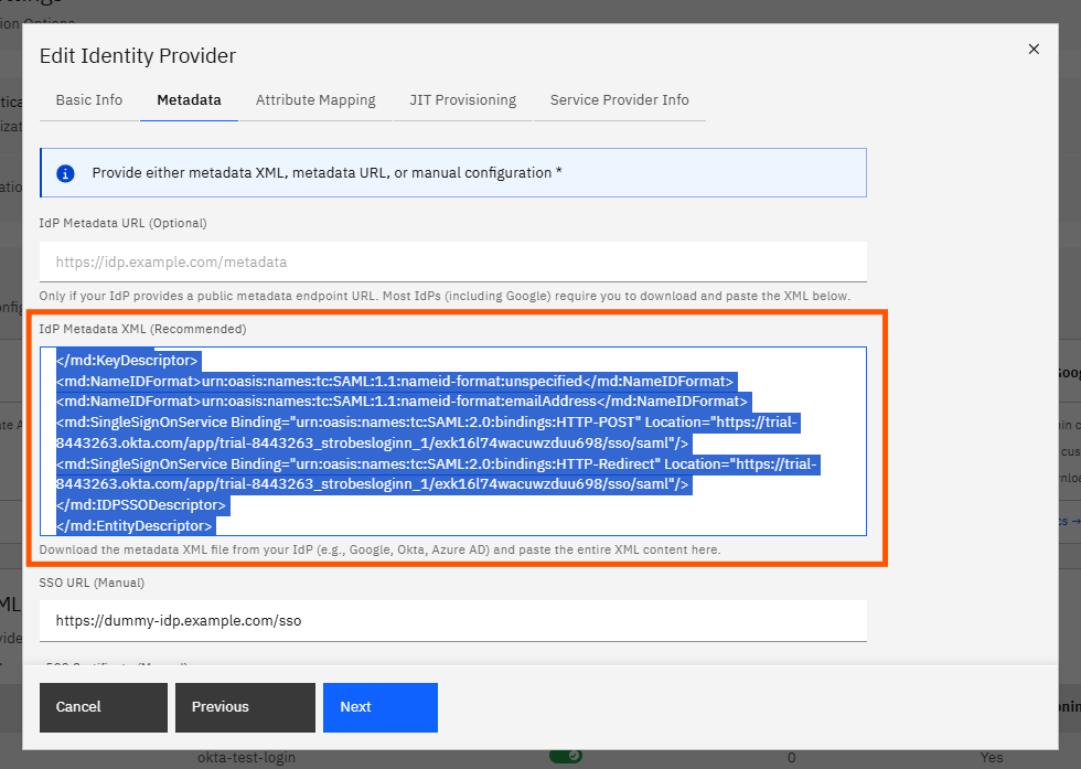 Configuring Okta SSO (SAML): Step 25 — Paste the Okta Metadata XML (screenshot 26)