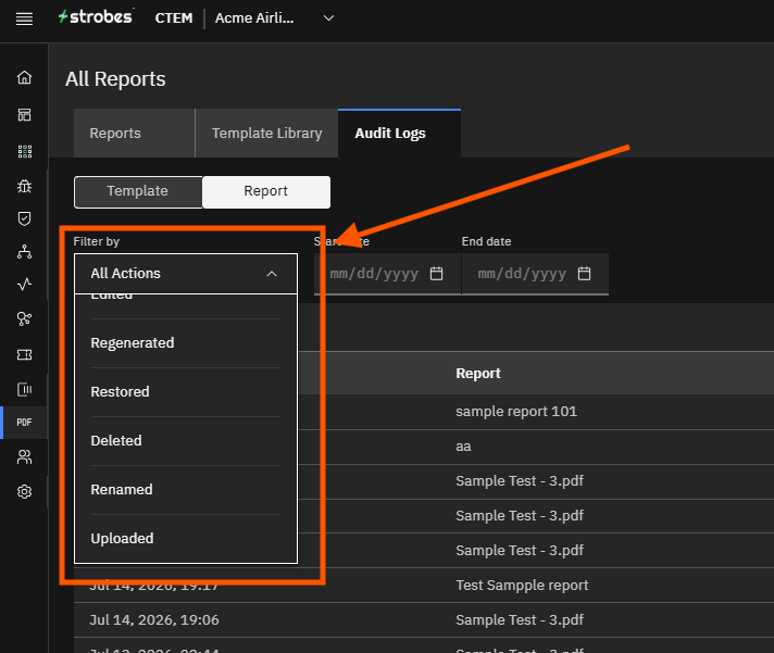 Report Audit Logs: Step 11 — Filter Report Log by Action Type (screenshot 11)