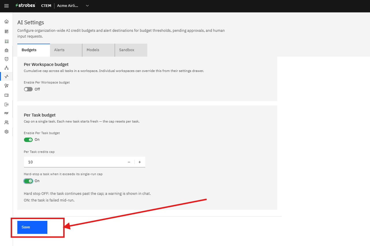 Configuring AI Budgets: Saving your changes (screenshot 11)