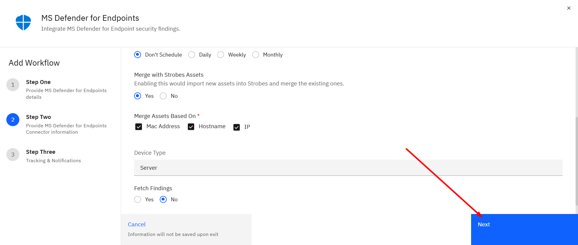 Connecting Microsoft Defender for Endpoints to Strobes: Step 17: Proceed to Step Three (screenshot 17)