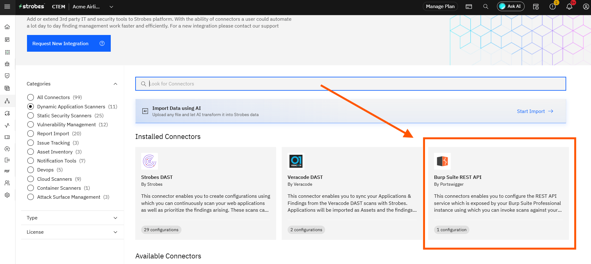 Initiating a Burp Scan: Step 1: Navigate to Burp Connector (screenshot 1)