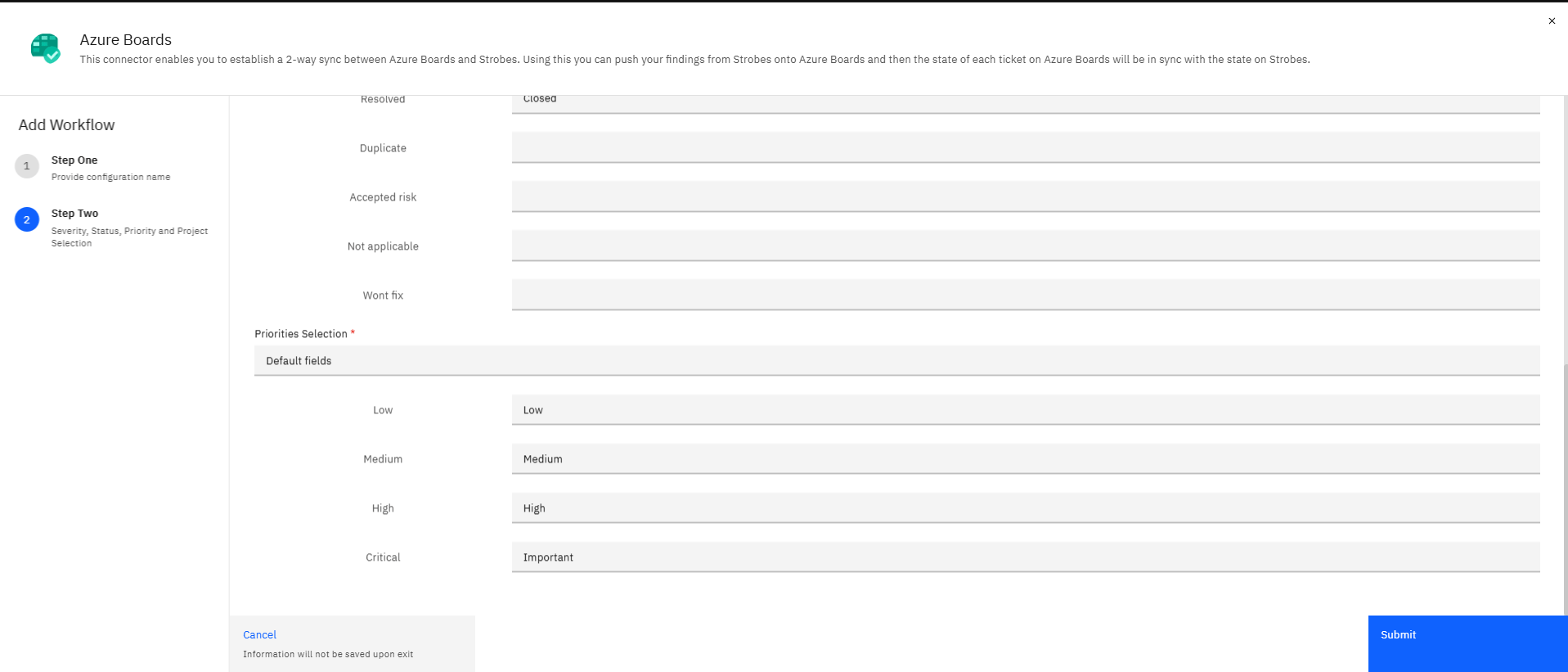 Configuring Azure Boards Integration with Strobes: Step 16 — Map Each Strobes Priority to Azure Board Priority Values (screenshot 18)