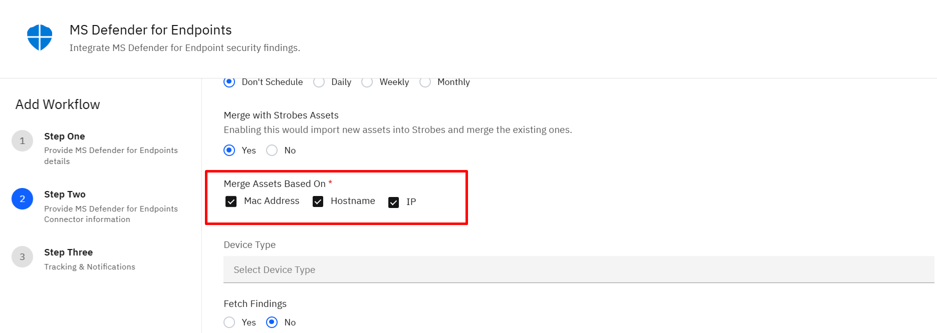 Connecting Microsoft Defender for Endpoints to Strobes: Step 14: Set Merge Assets Based On (screenshot 14)