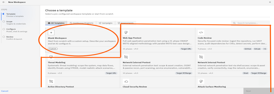 Choosing a template or a blank workspace (screenshot 1)