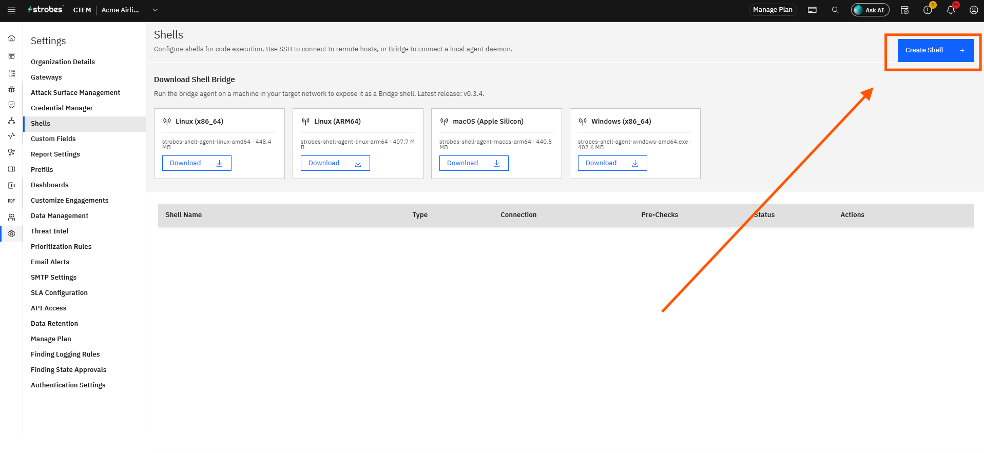 Creating a Shell Using Shell Bridge in Strobes: Step 3 — Click Create Shell (screenshot 3)