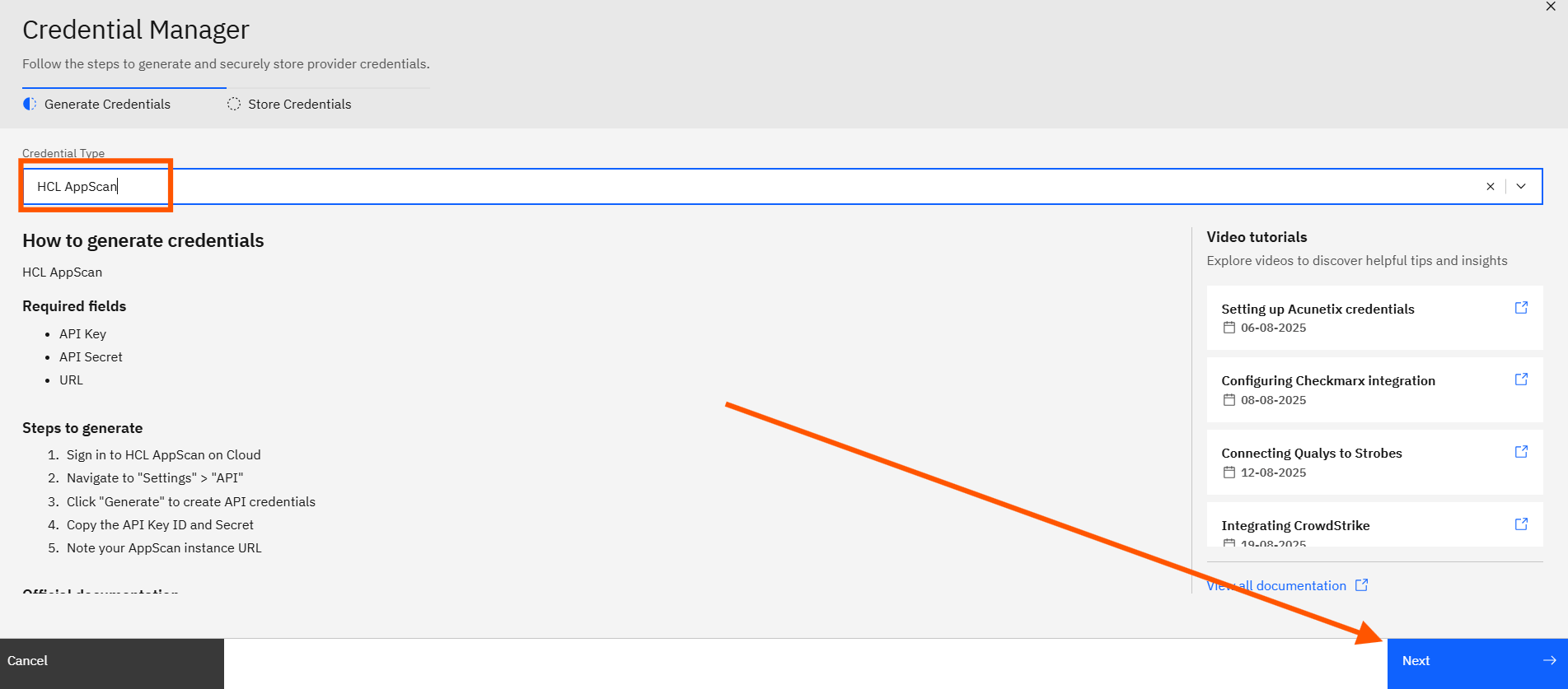Configuring HCL AppScan credentials: Step 2: Add a New Credential (screenshot 2)