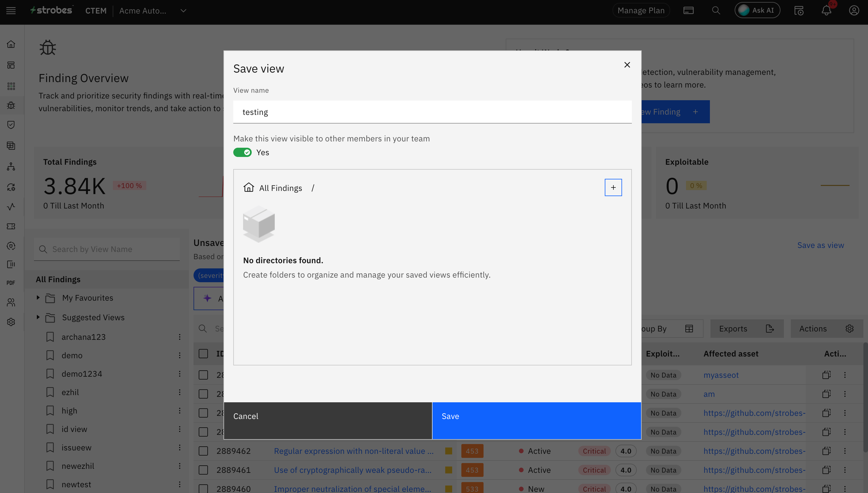 Saving views under Assets and Findings (screenshot 3)