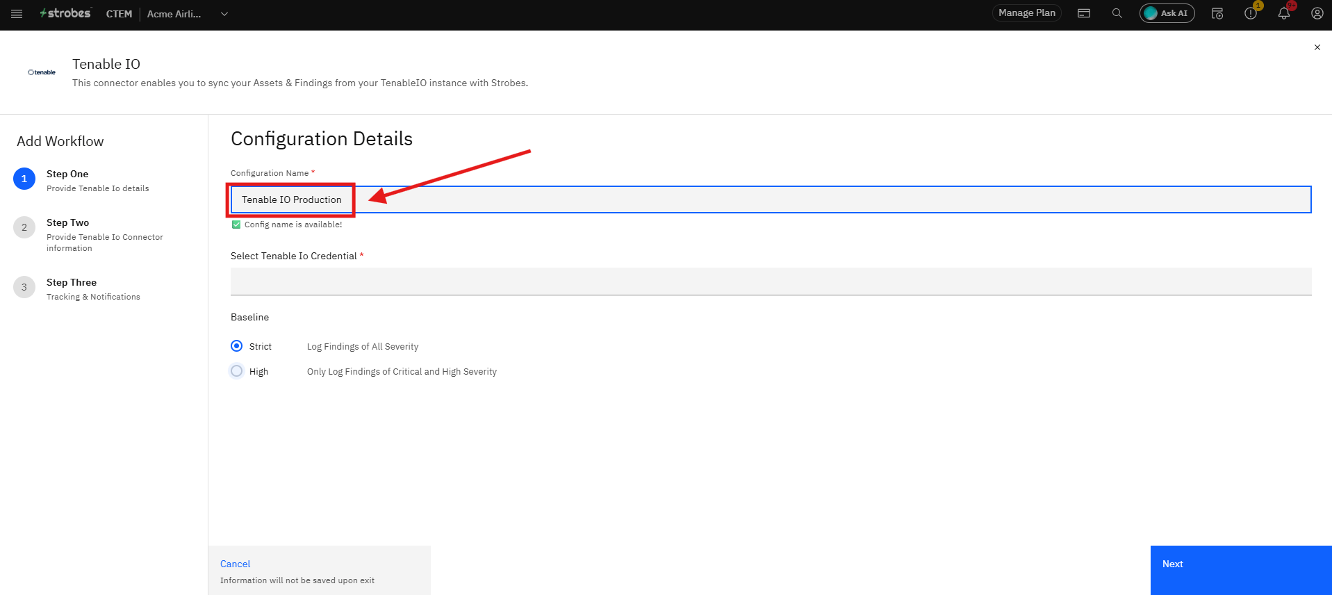 Connecting Tenable IO to Strobes: Step 9 — Enter a Configuration Name (screenshot 4)