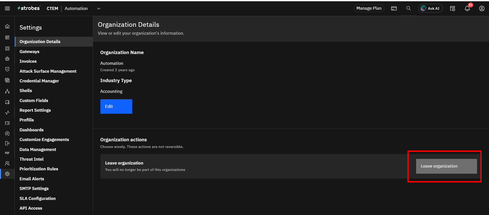 Editing organization details: Leave Organization (screenshot 6)