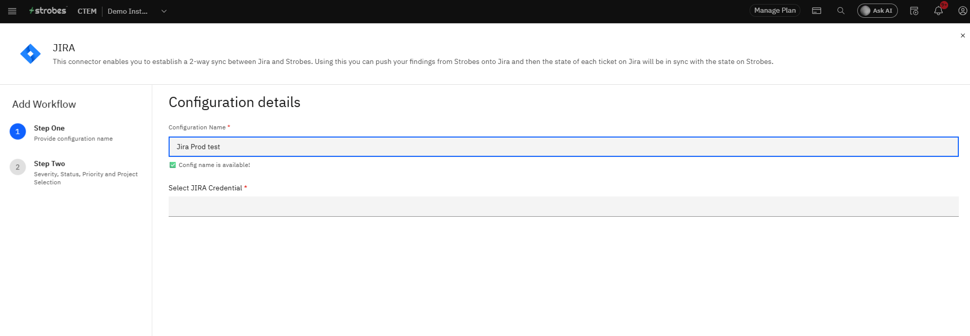 Configuring the Jira Integration in Strobes OAuth 2.0: Step 14 — Enter a Configuration Name (Step One) (screenshot 13)