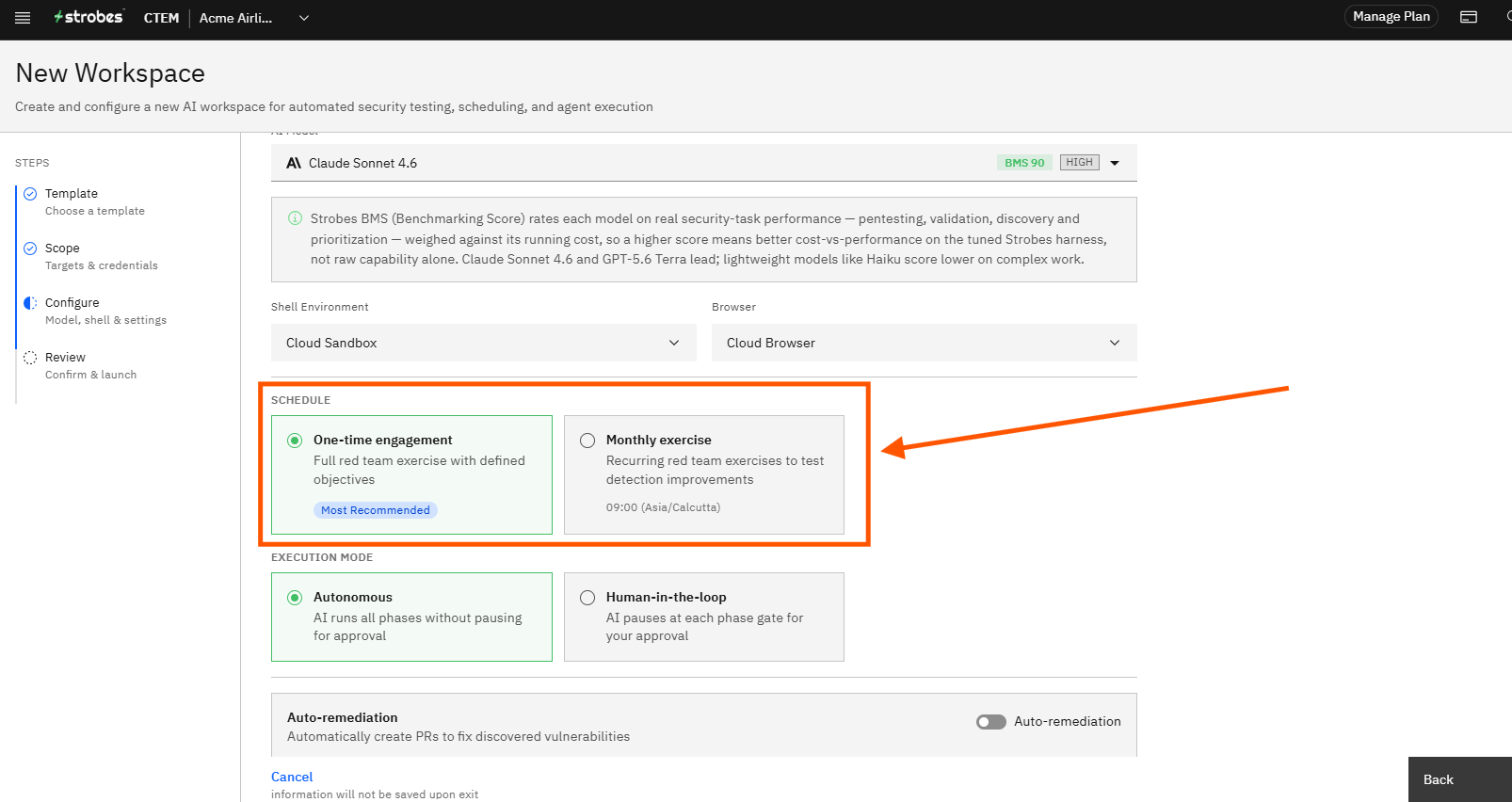 Creating a Red Team Engagement in Strobes: Step 14 — Choose the Schedule (screenshot 14)