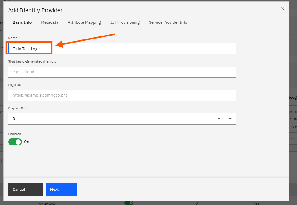 Configuring Okta SSO (SAML): Step 9 — Enter a Name and Click Next (screenshot 10)