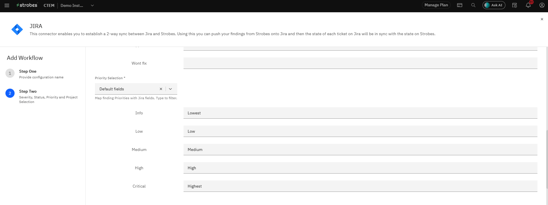 Configuring the Jira Integration in Strobes OAuth 2.0: Step 20 — Map Strobes Severity to Jira Priority (screenshot 20)