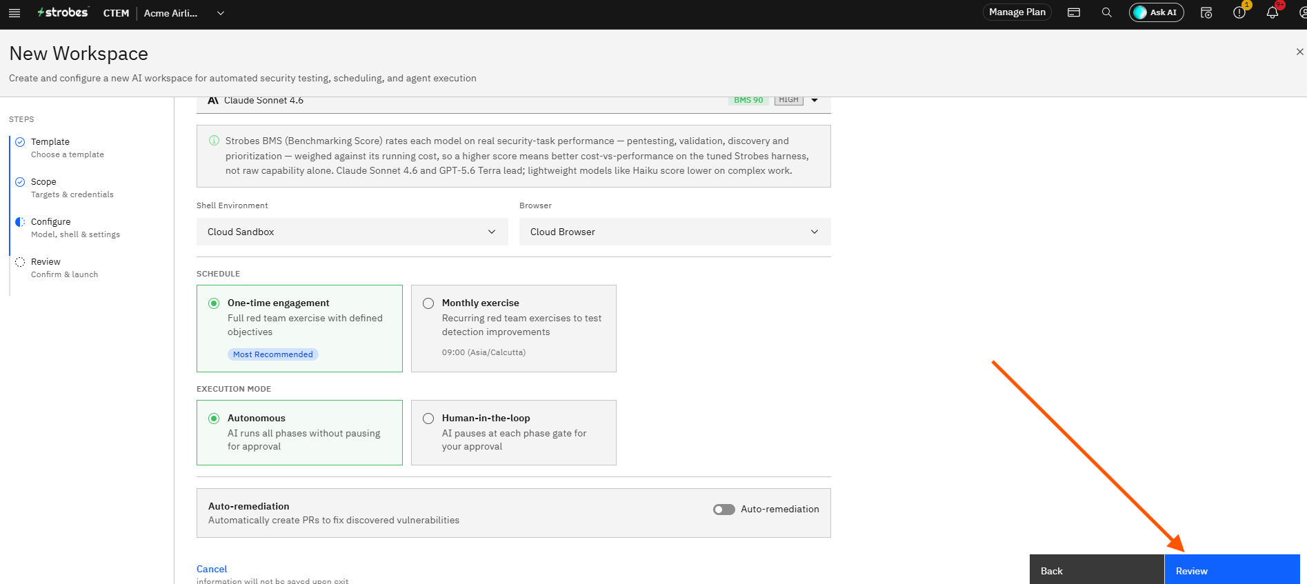 Creating a Red Team Engagement in Strobes: Step 16 — Click Review (screenshot 16)