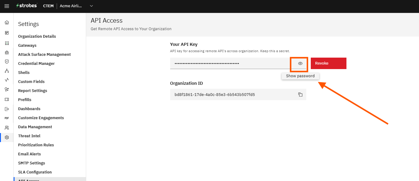 Creating a Shell Using Shell Bridge in Strobes: Step 11 — Click the Eye Icon to Reveal Your API Key (screenshot 11)