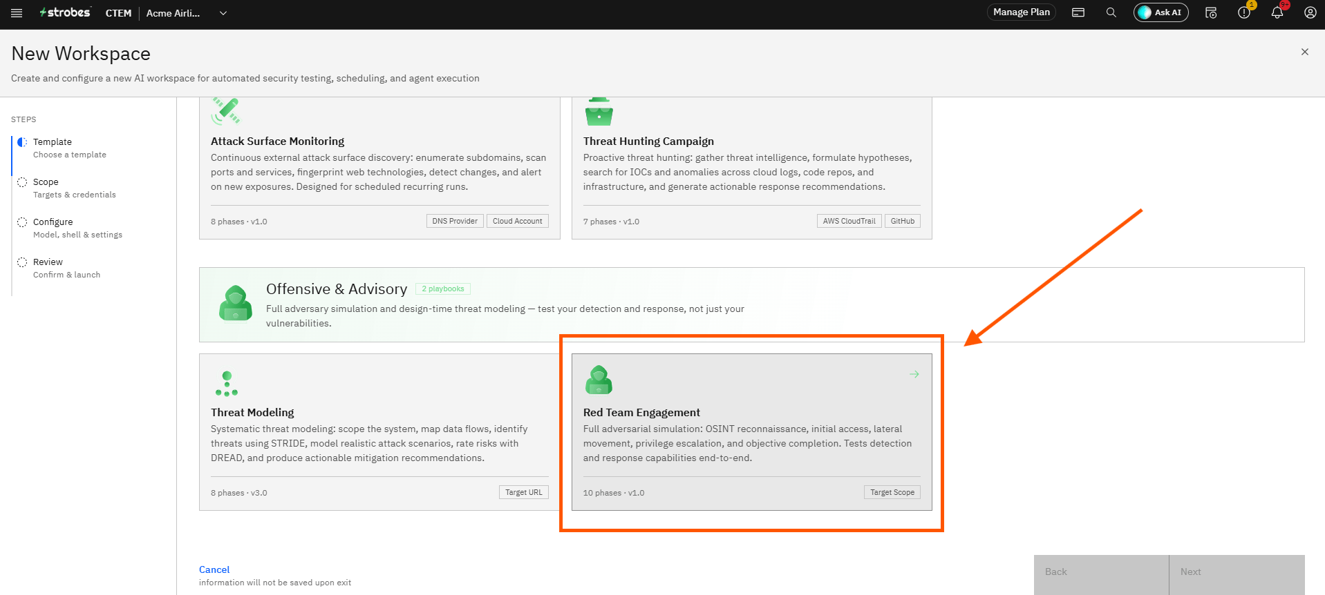 Creating a Red Team Engagement in Strobes: Step 4 — Select the Red Team Engagement template (screenshot 4)