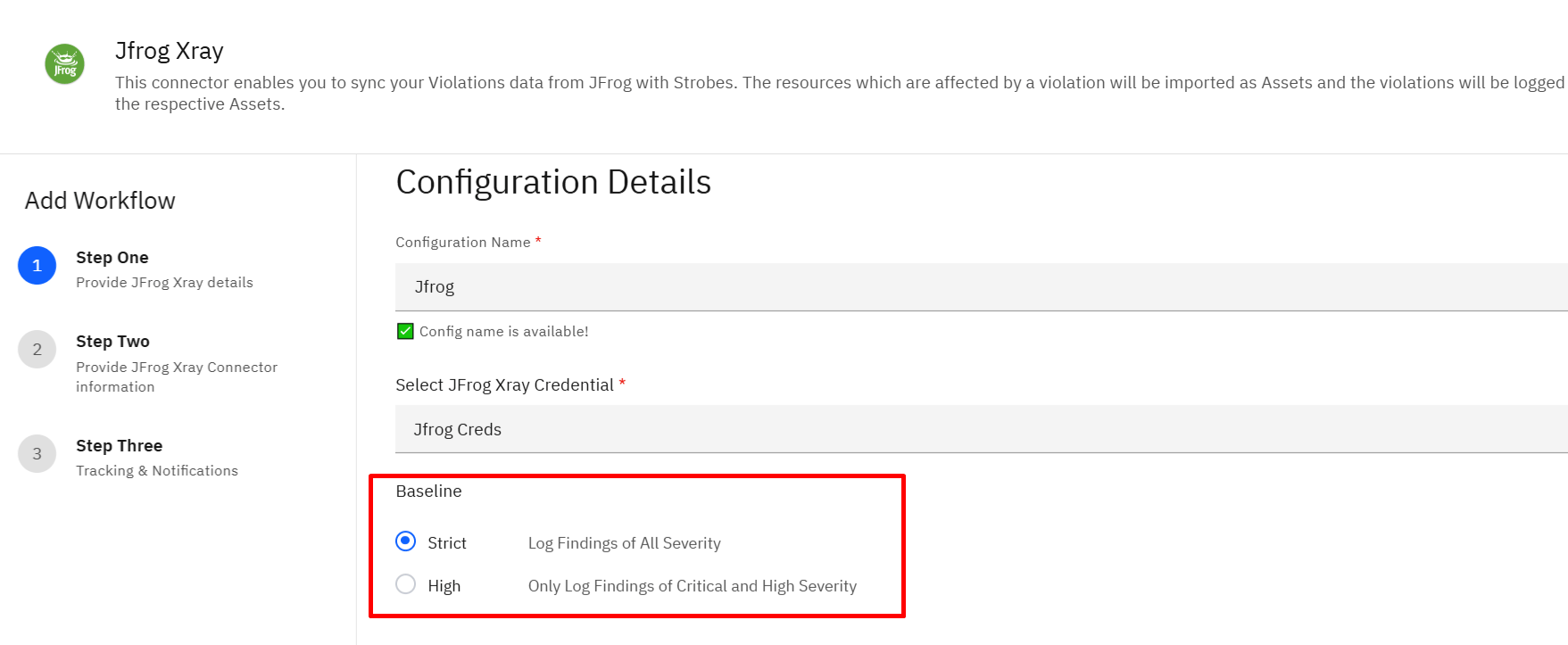 Connecting JFrog Xray (violations): Step 8: Choose a Baseline (screenshot 8)