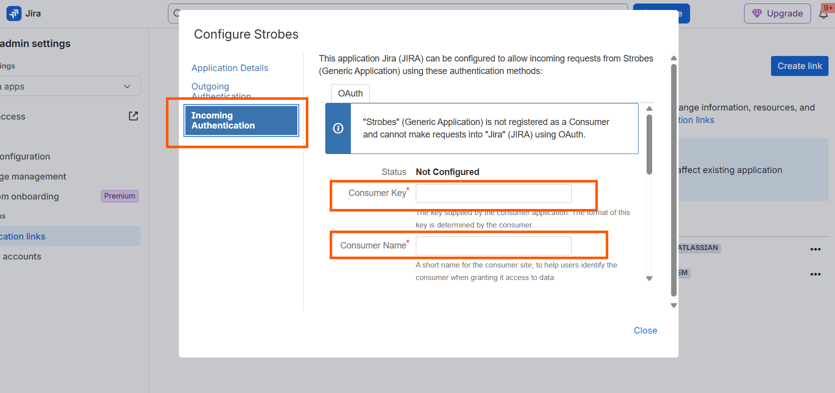 Configuring the Jira integration (OAuth 1.0): Step 10 — Enter the Consumer Key (screenshot 12)