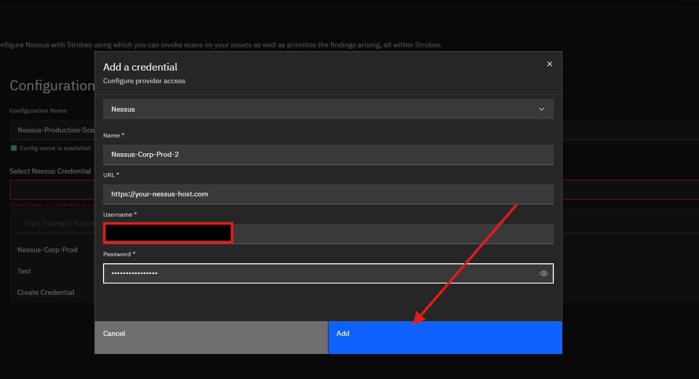 Configuring Nessus by Tenable in Strobes: Step 3: Provide Nessus Details & Add Your Credential (screenshot 13)
