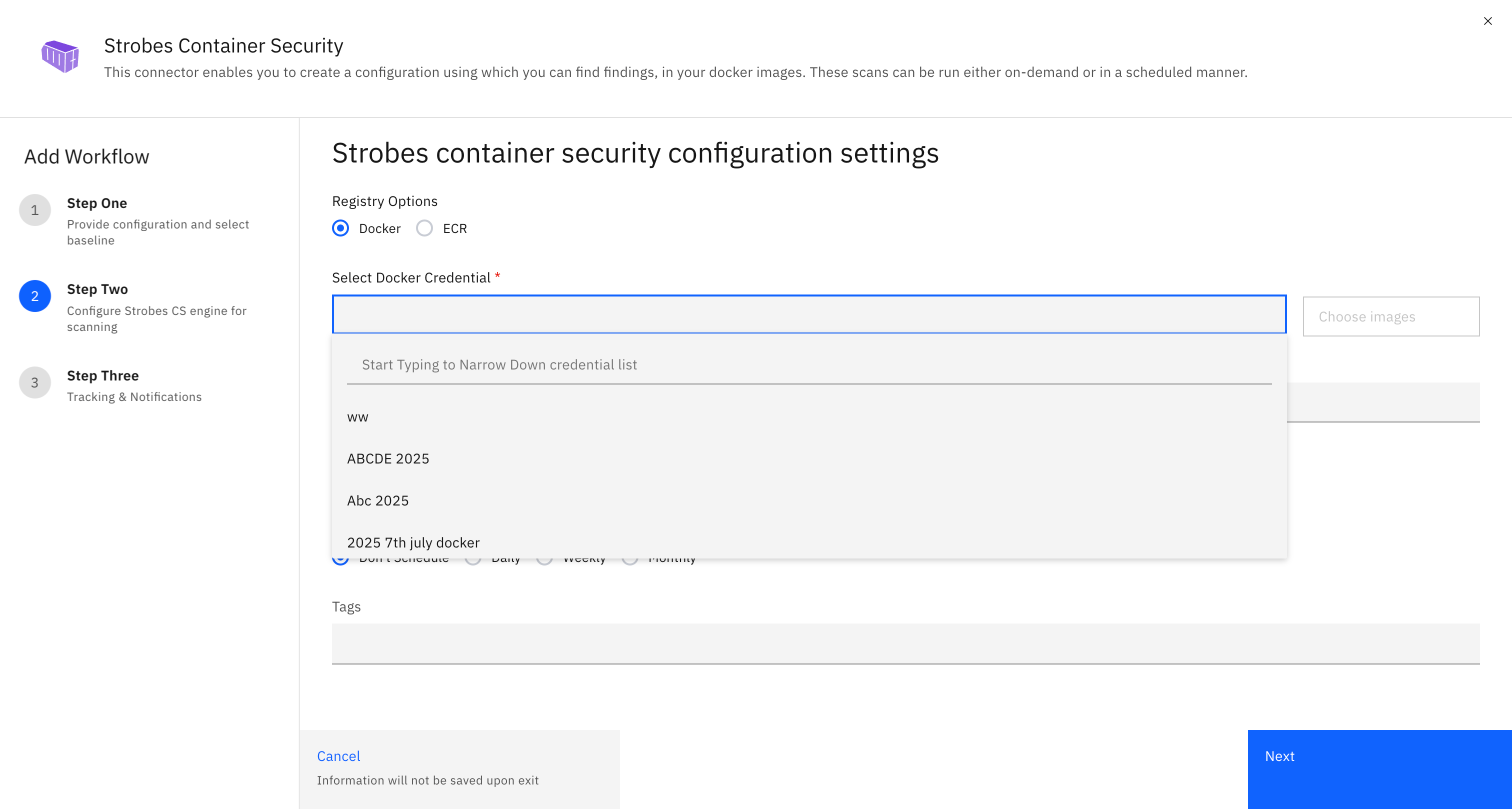Container scanning workflow: Choosing the Images: (screenshot 2)