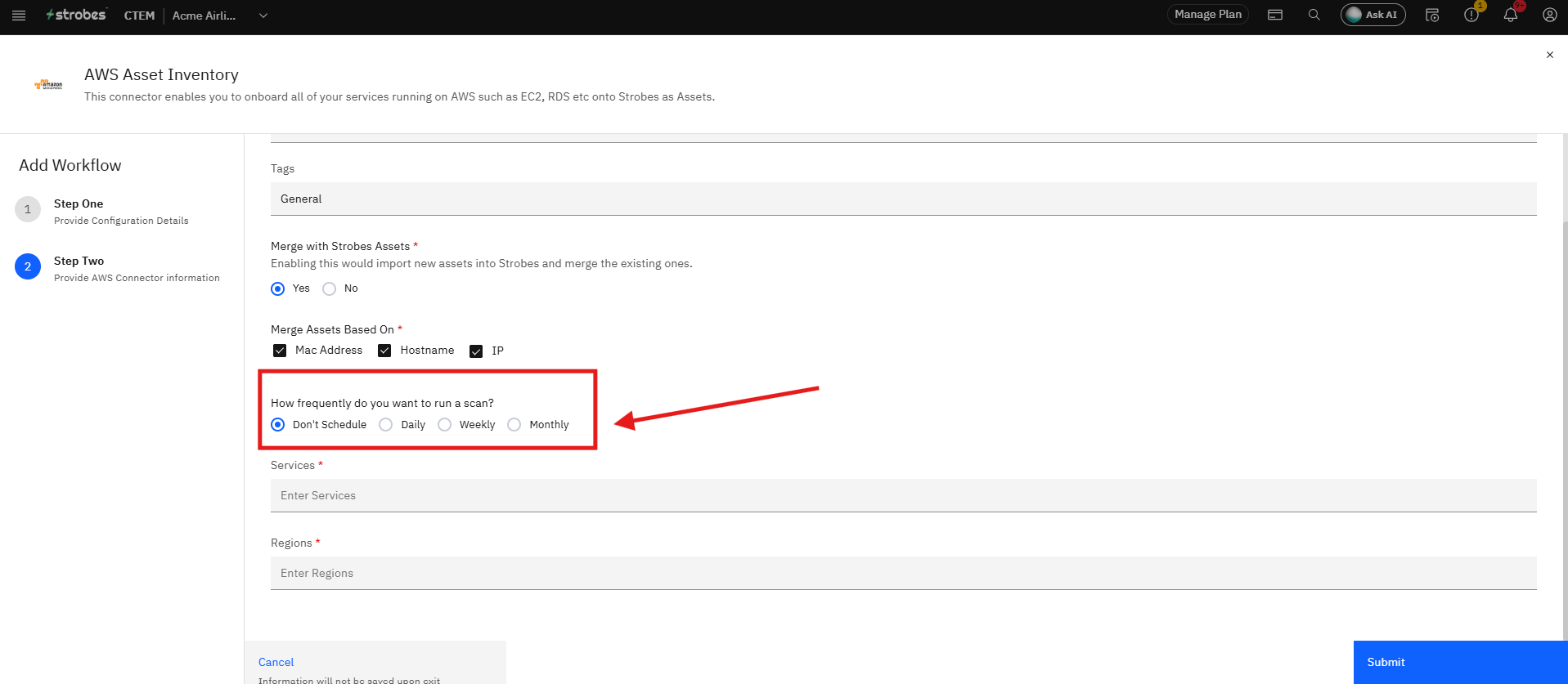 Connecting AWS Asset Inventory to Strobes: Step 11 — Set the Scan Schedule (screenshot 12)