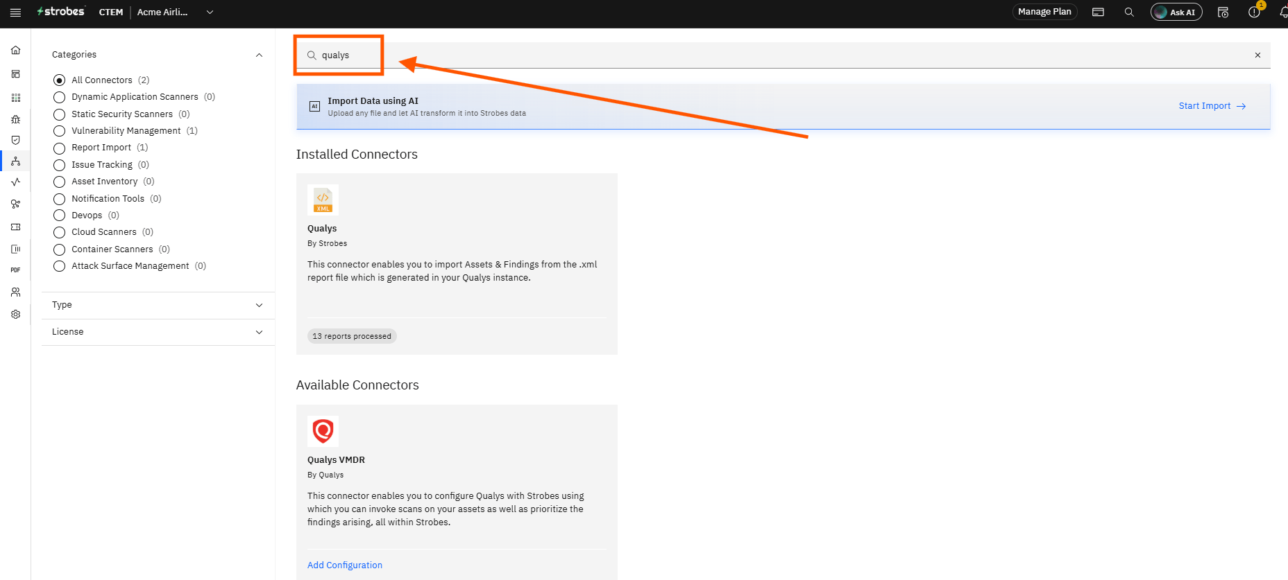 Configuring Qualys VMDR with Strobes: Step 2 — Search for Qualys VMDR (screenshot 2)