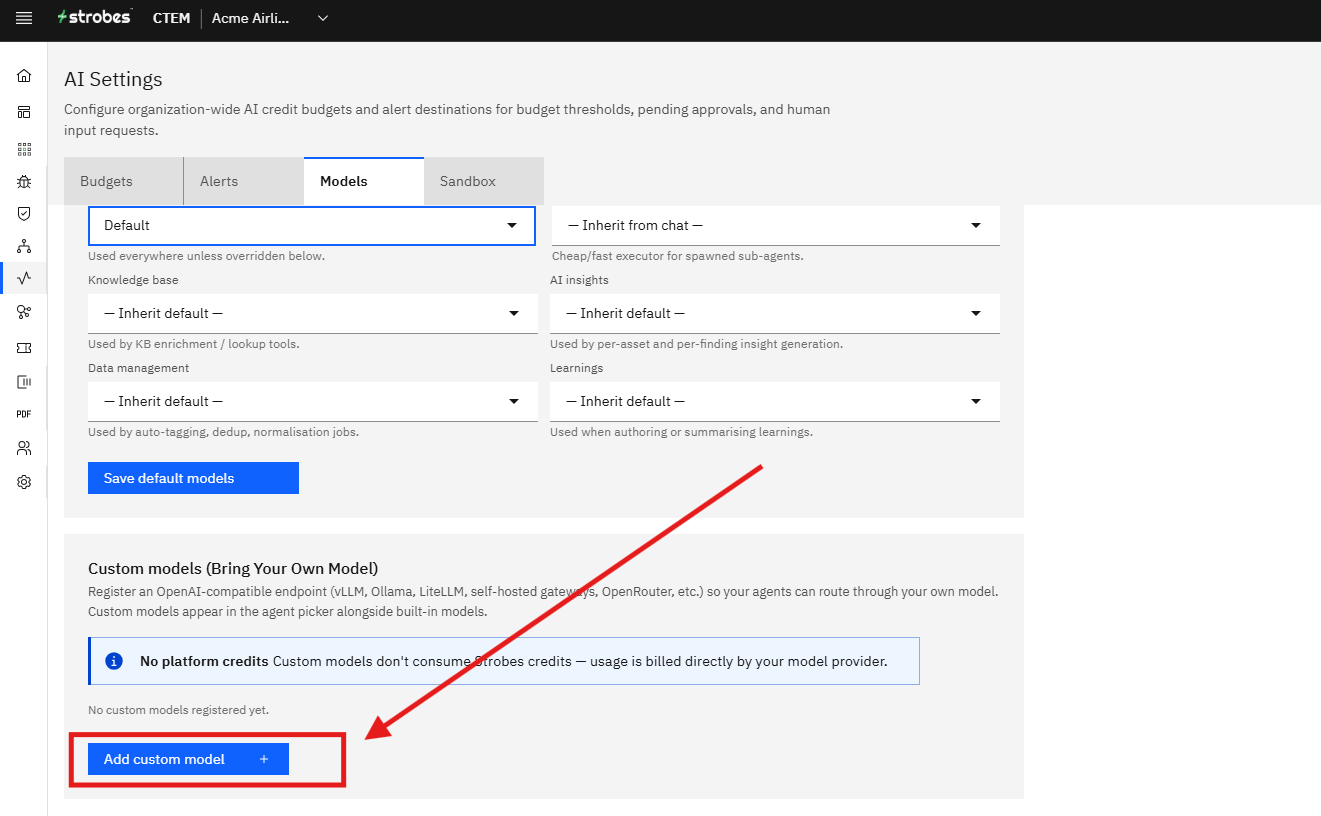 Bringing Your Own Model to Strobes: Step 4 — Click Add Custom Model (screenshot 4)