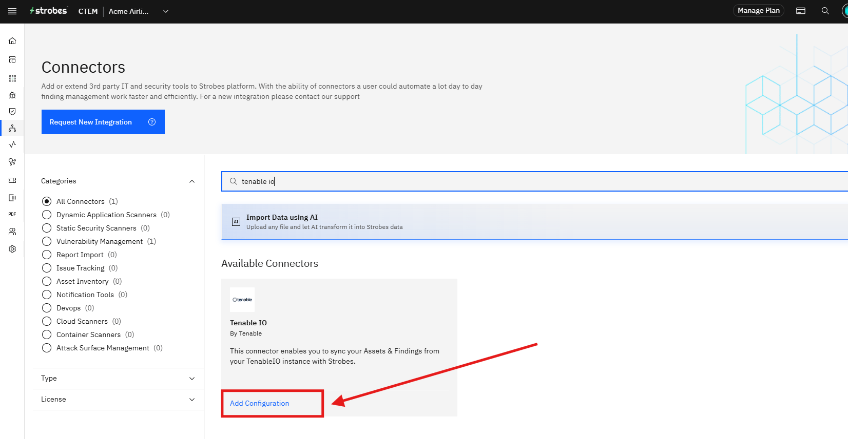 Connecting Tenable IO to Strobes: Step 8 — Click Add Configuration (screenshot 3)