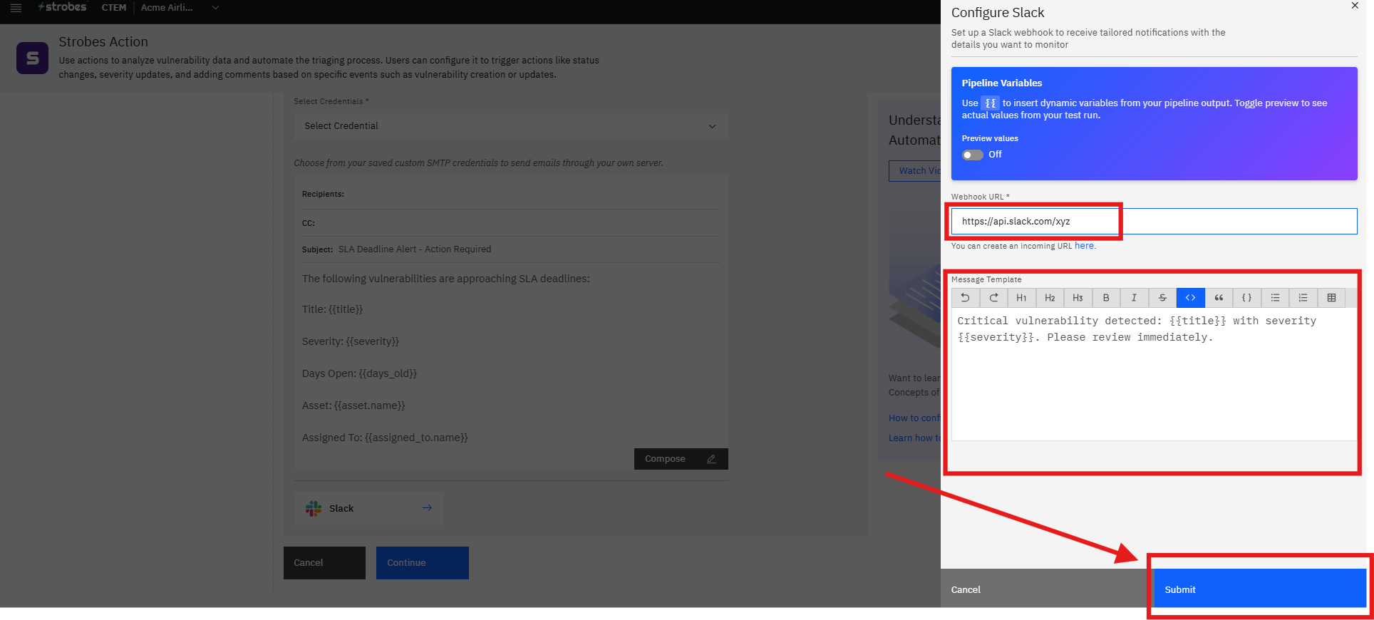 Using Automation Templates: Configuring a Slack Action (screenshot 13)