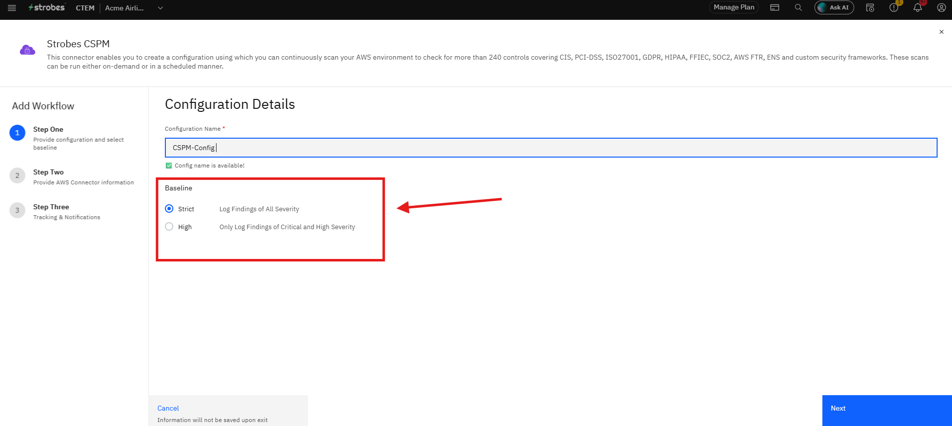 Configuring Strobes CSPM: Step 5 — Select a Baseline (screenshot 5)
