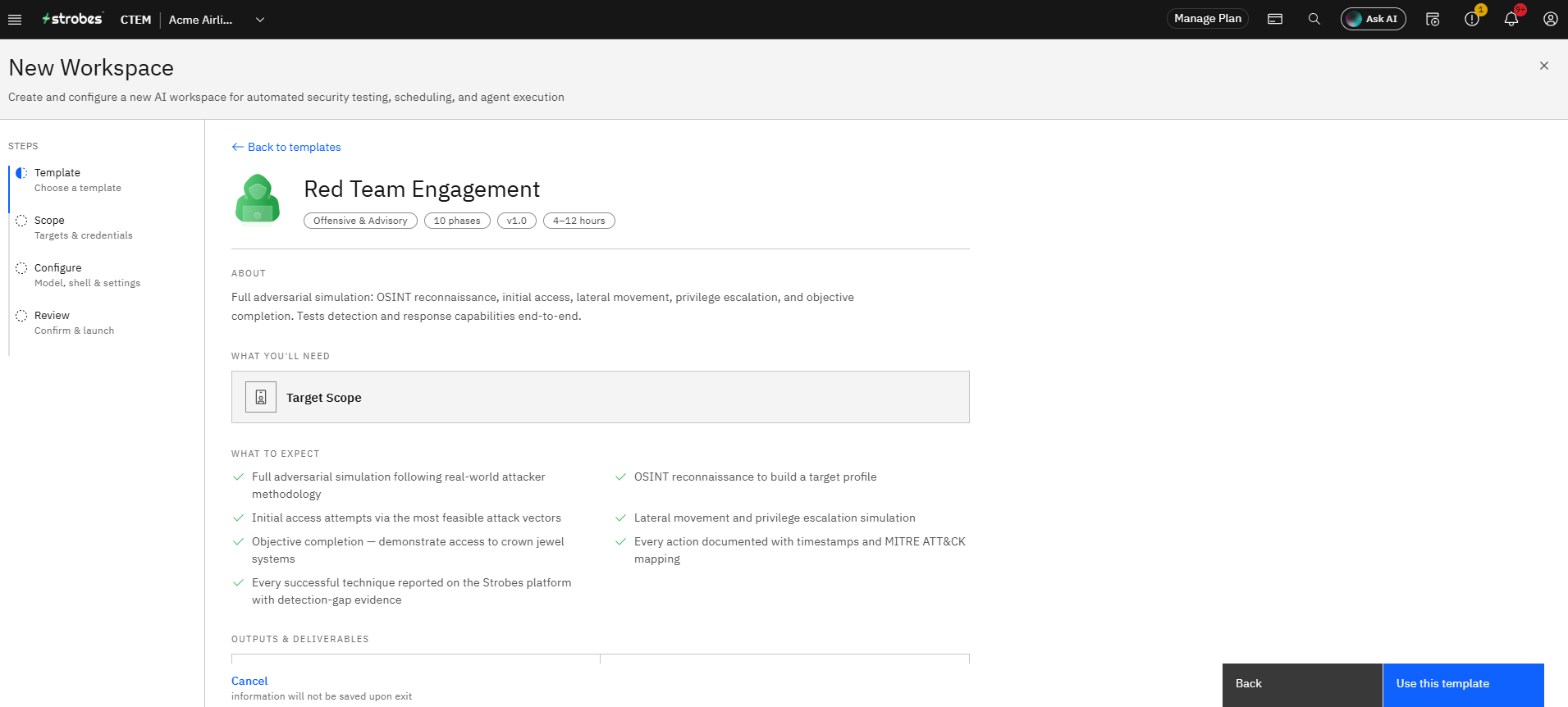 Creating a Red Team Engagement in Strobes: Step 5 — Click Use this template (screenshot 5)