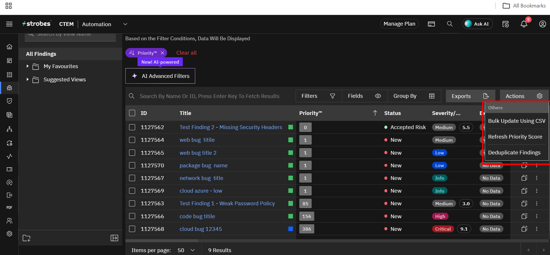 Understanding the Findings Toolbar: Actions (screenshot 7)