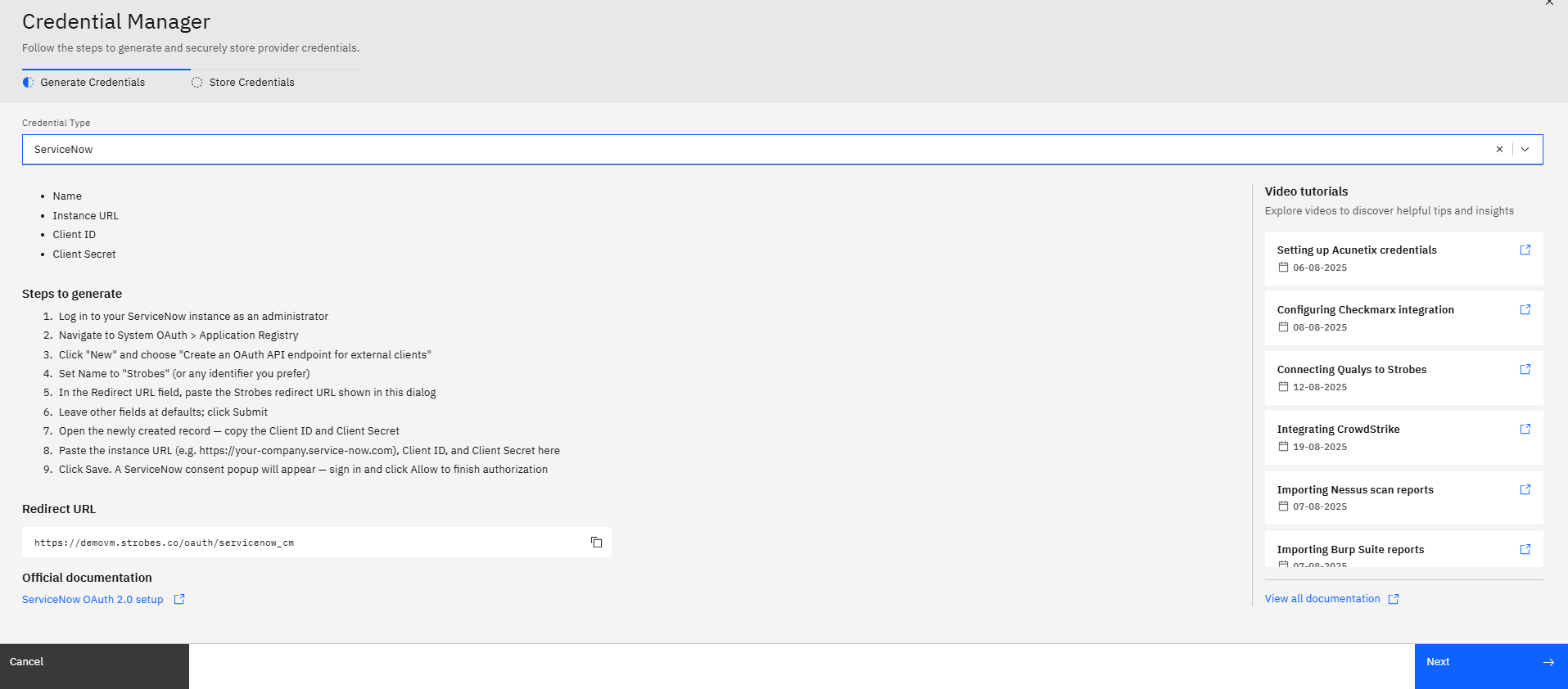 Configuring ServiceNow Credentials and Connector in Strobes: Step 6 — Review the Setup Instructions (screenshot 7)
