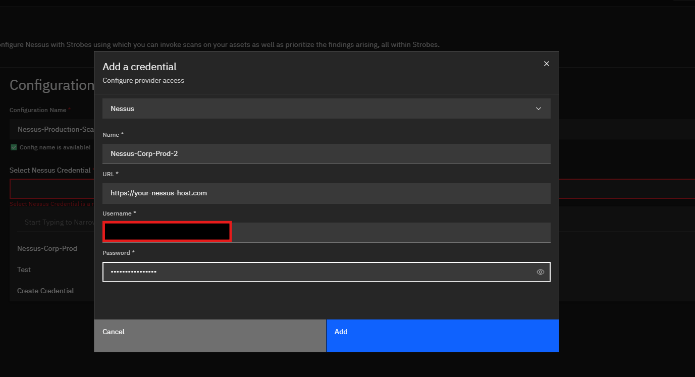 Configuring Nessus by Tenable in Strobes: Step 3: Provide Nessus Details & Add Your Credential (screenshot 12)