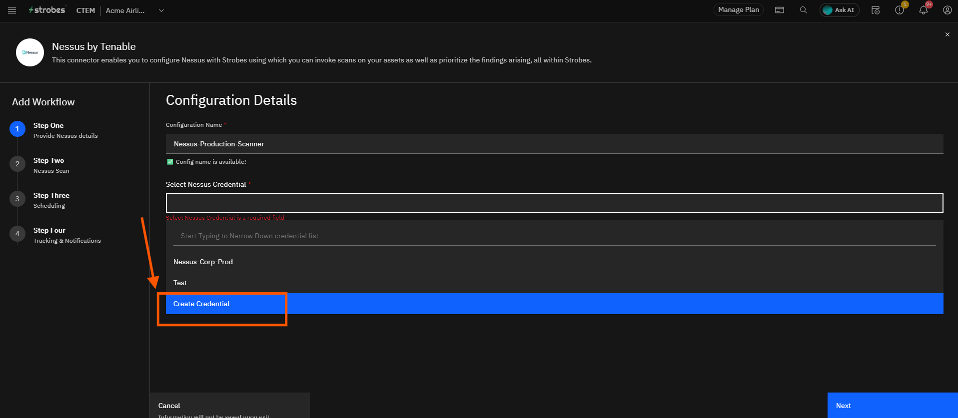 Configuring Nessus by Tenable in Strobes: Step 3: Provide Nessus Details & Add Your Credential (screenshot 8)