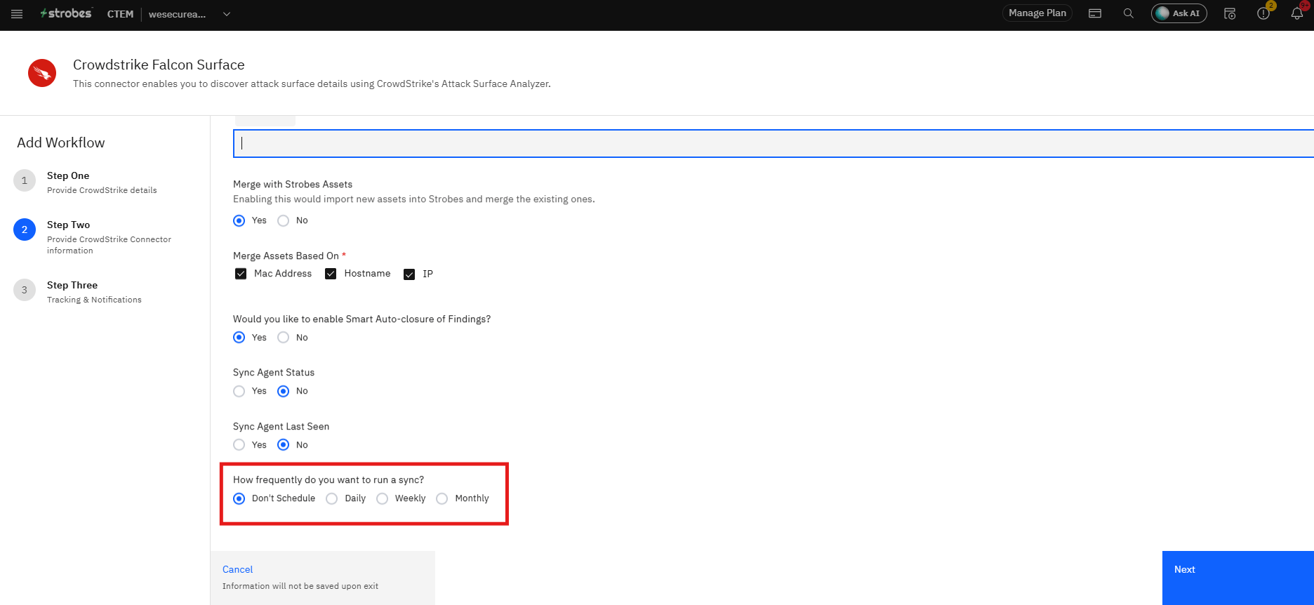 Connecting CrowdStrike Falcon Surface to Strobes: Step 17 — Set Sync Frequency (screenshot 17)