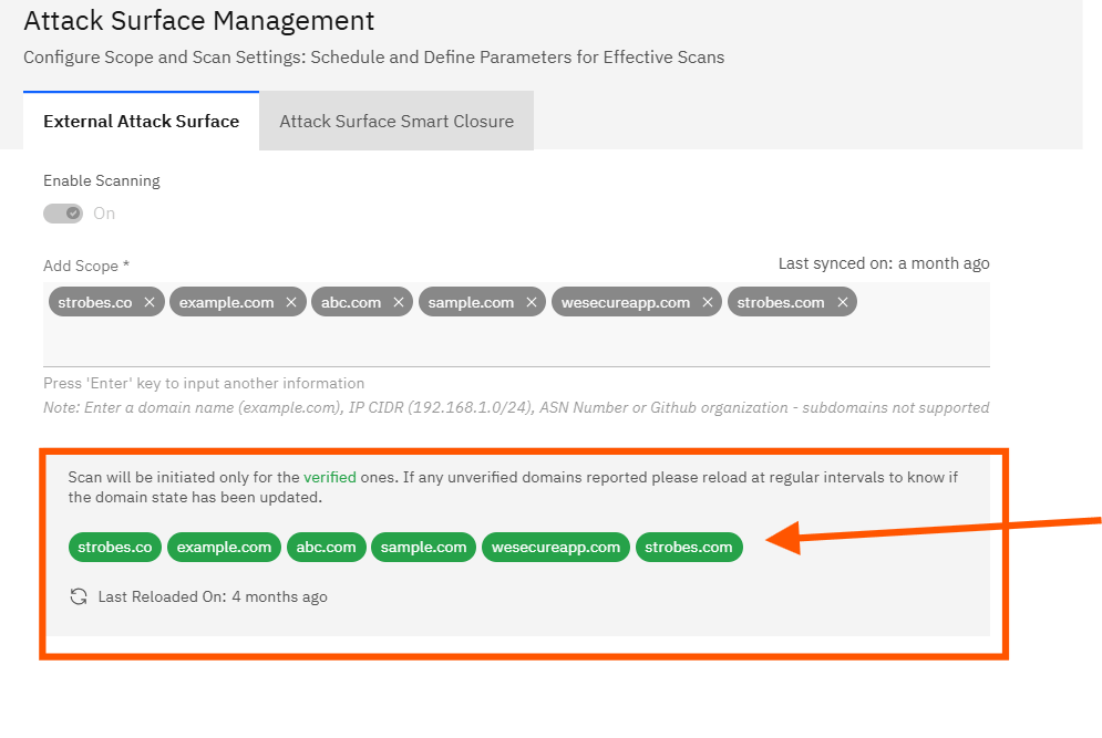 Configuring Attack Surface Management: Step 5 — Verify the Domains (screenshot 5)