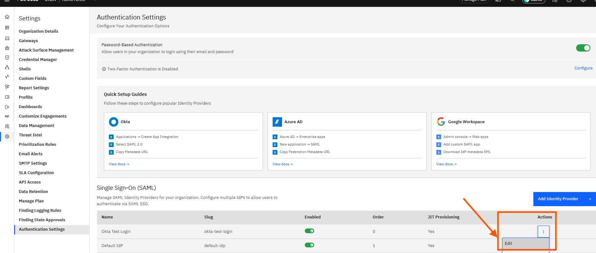 Configuring Okta SSO (SAML): Step 24 — Open the Three-Dot Menu and Click Edit (screenshot 25)