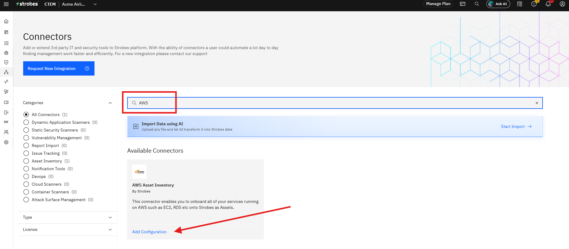 Connecting AWS Asset Inventory to Strobes: Step 2 — Search for the AWS Asset Inventory Connector (screenshot 2)