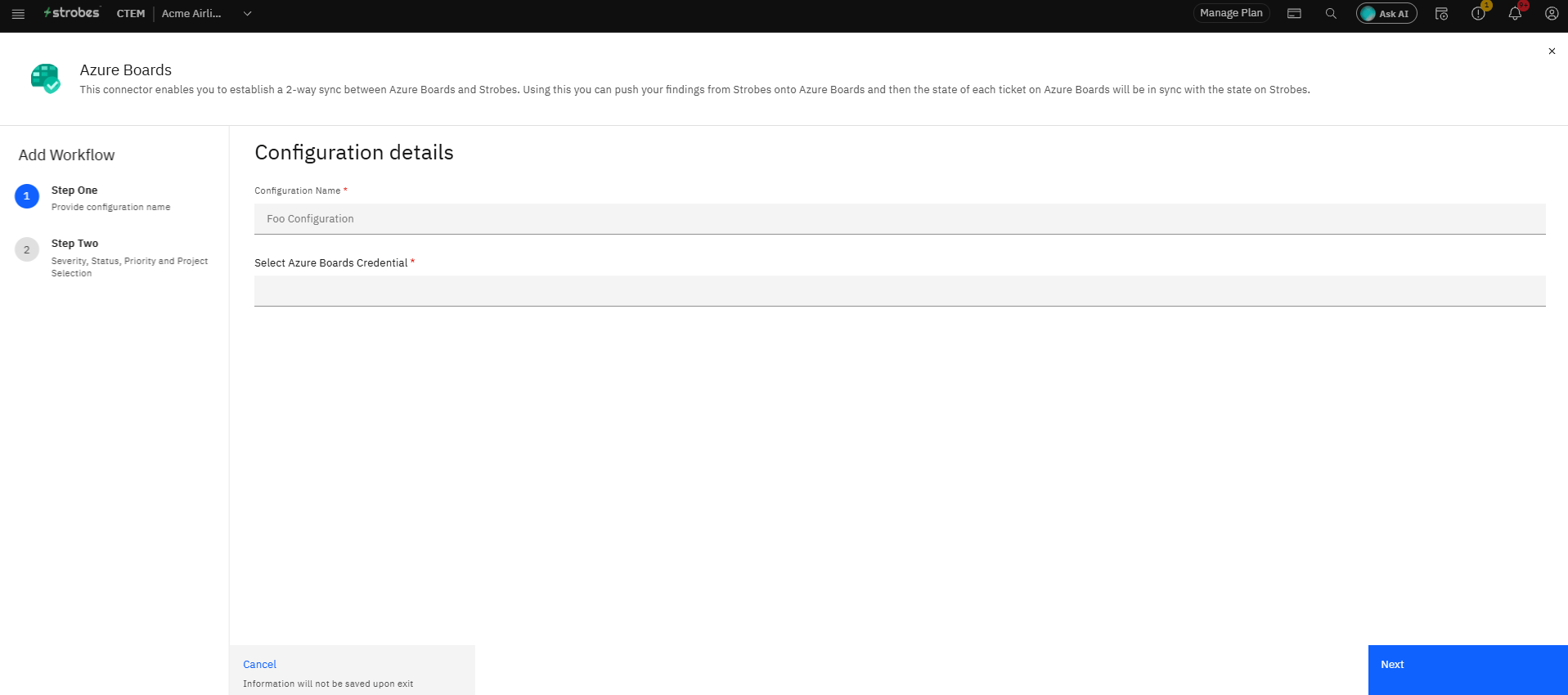 Configuring Azure Boards Integration with Strobes: Step 3 — Open the Connector and Click Add Workflow (screenshot 5)