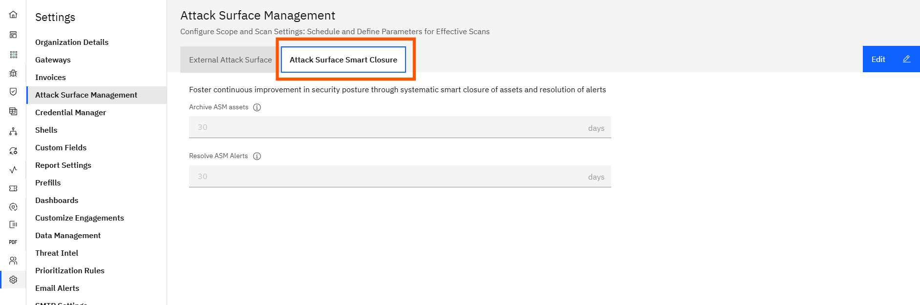 Configuring Attack Surface Management: Step 1 — Open the Smart Closure Tab (screenshot 8)