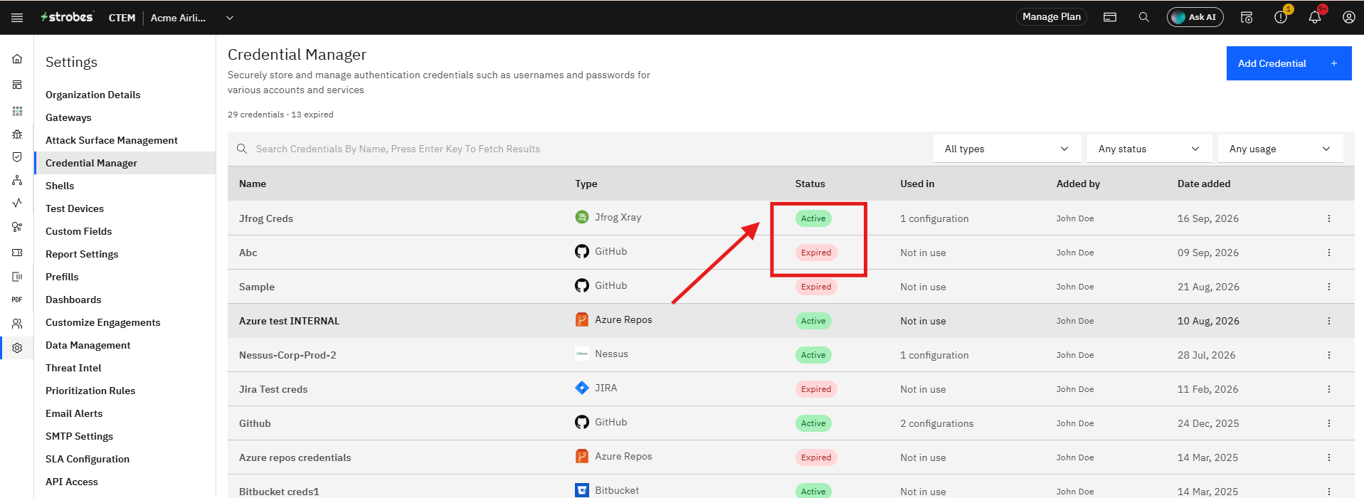 Configuring the Jira Integration in Strobes OAuth 2.0: Step 10 — Confirm the Credential Is Active (screenshot 9)