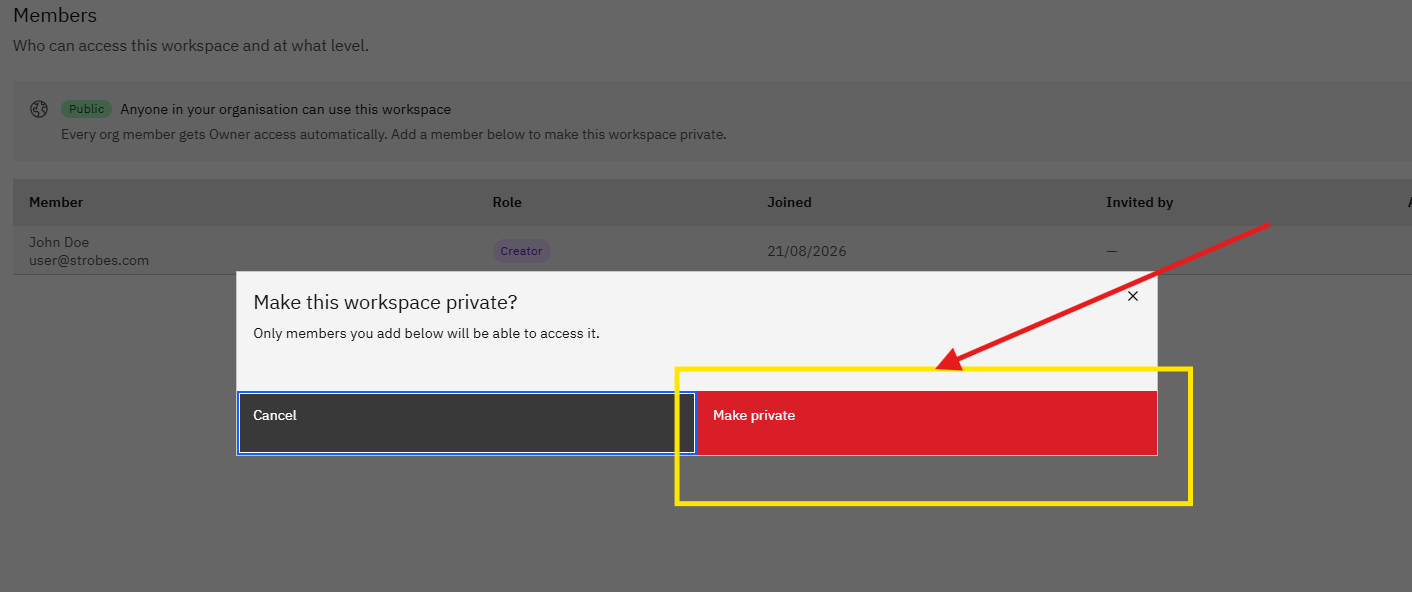 Managing AI Workspace Isolation and AI Member Access: Step 5 — Click Make Private (screenshot 6)