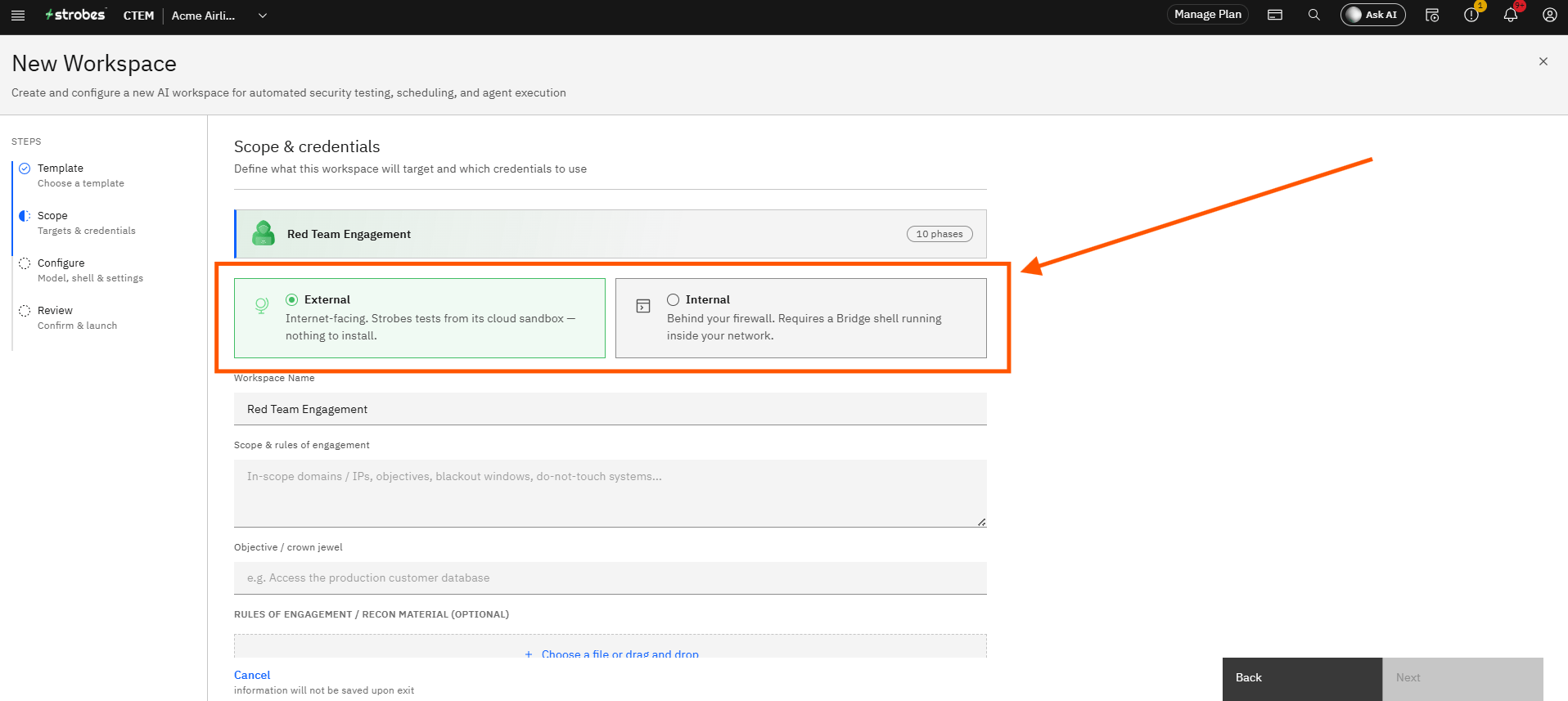 Creating a Red Team Engagement in Strobes: Step 7 — Select the Execution Mode (screenshot 7)