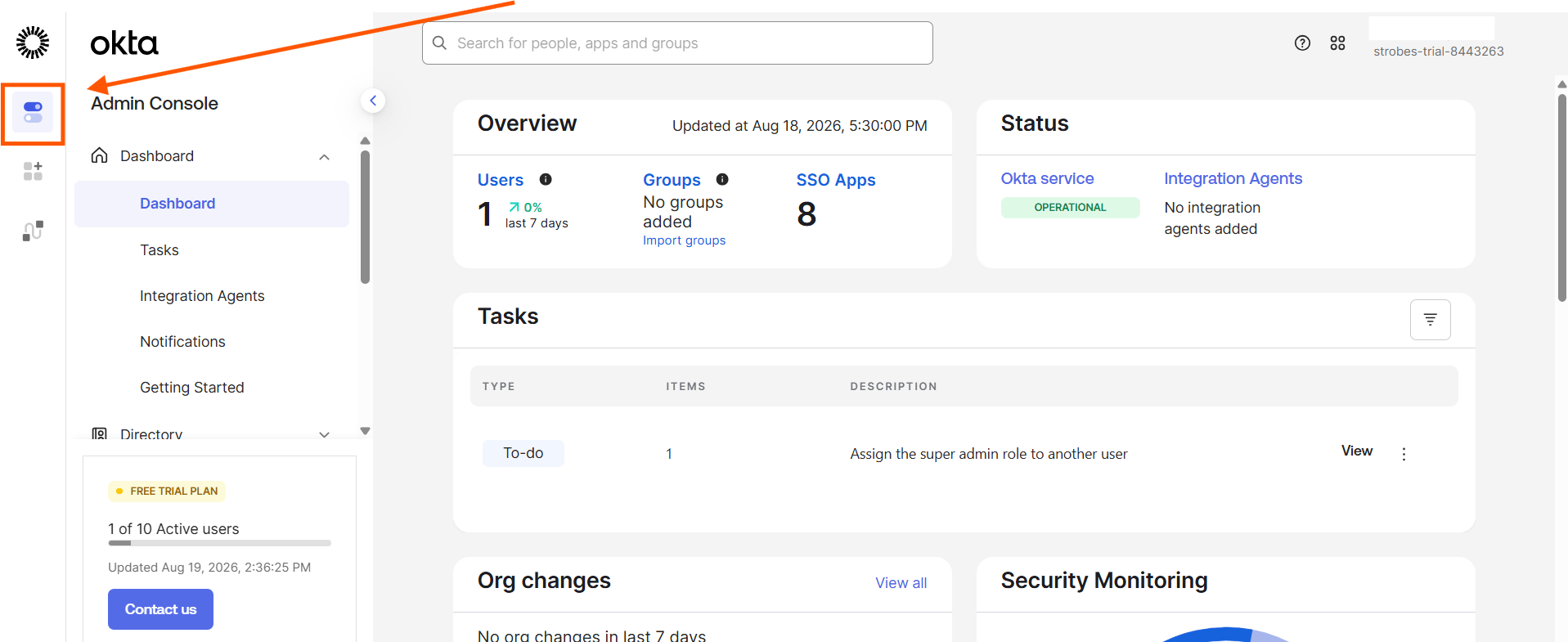 Configuring Okta SSO (SAML): Step 1 — Log In to the Okta Admin Console (screenshot 1)