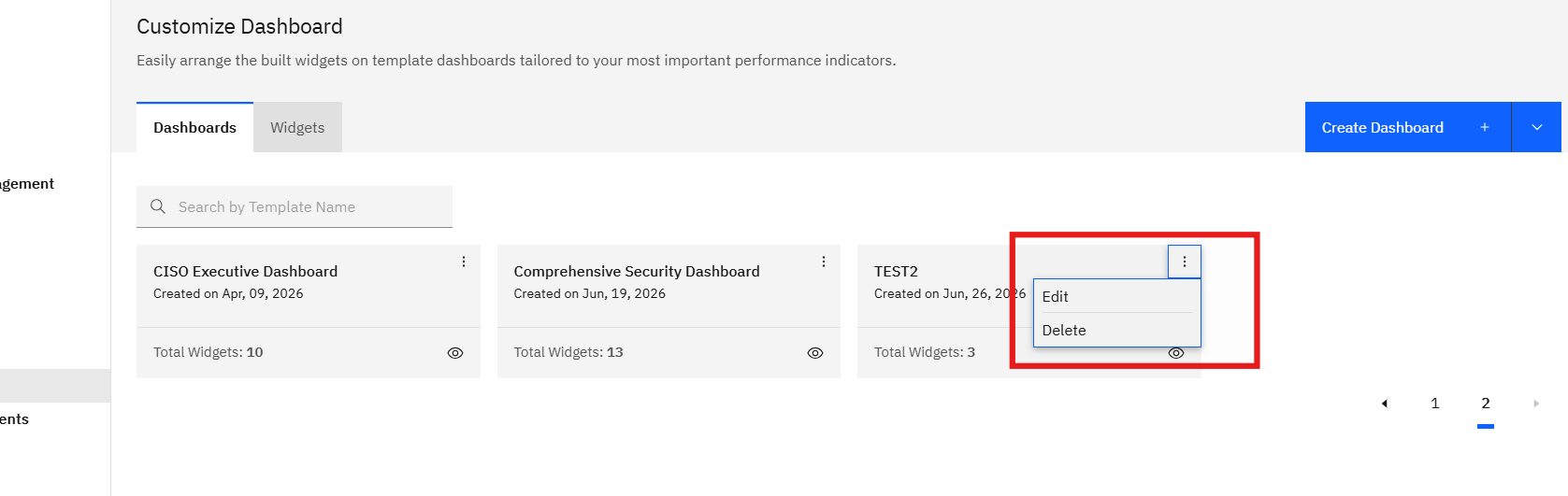 Deleting a Dashboard: Step 3: Open the Dashboard Menu (screenshot 3)