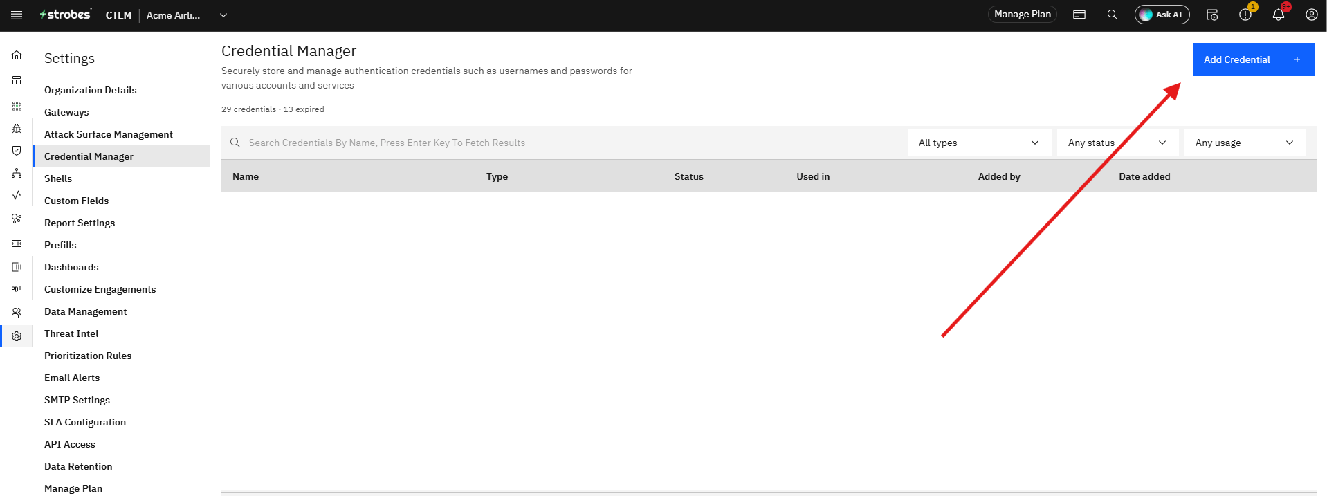 Configuring the Jira Integration in Strobes OAuth 2.0: Step 3 — Click Add Credential (screenshot 3)