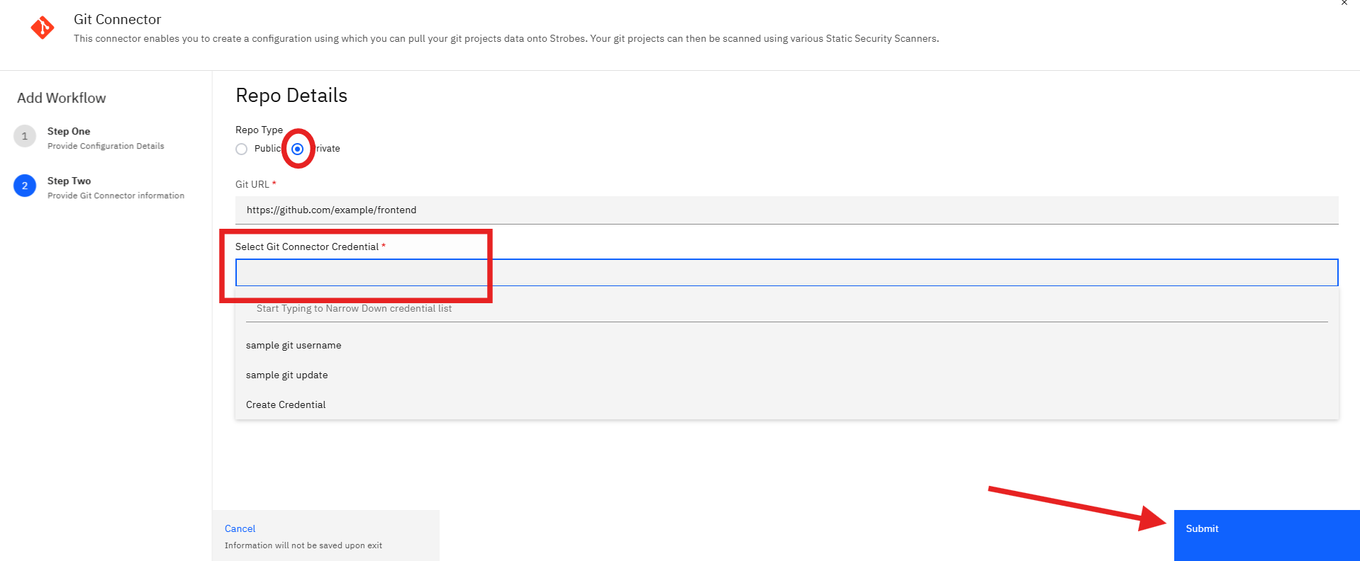Configuring Your Git Repo with Strobes: Step 3: Select Repository Type (screenshot 4)
