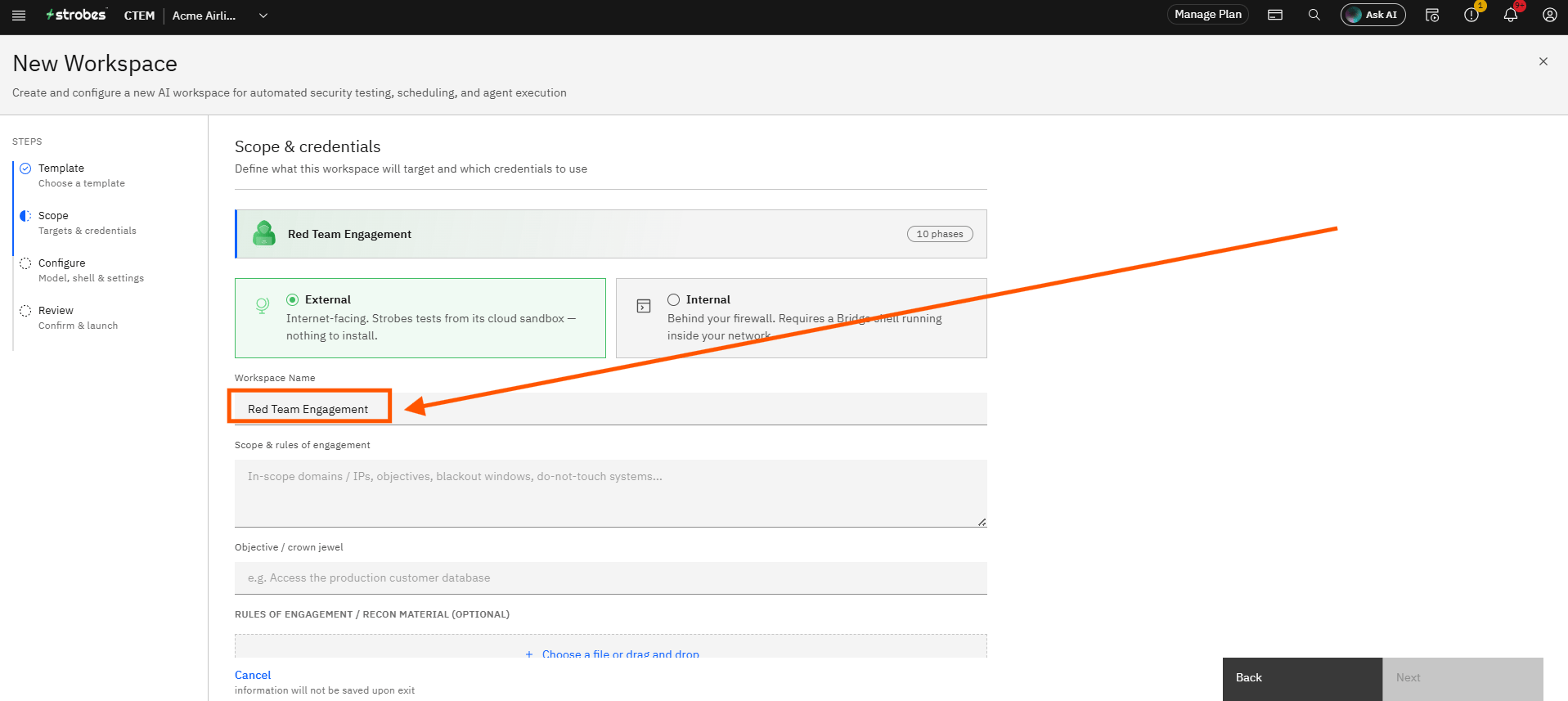 Creating a Red Team Engagement in Strobes: Step 6 — Enter an Engagement Name (screenshot 6)